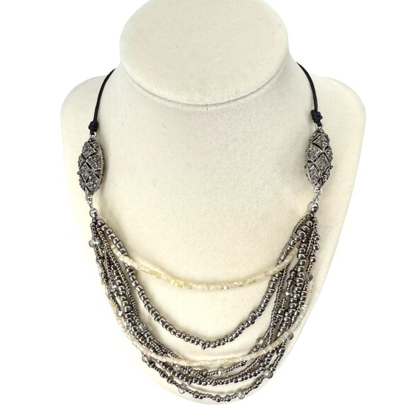 J. Jill Layered Necklace Art Deco Silver Tone Hematite Bead Pavé Adjustable Cord - Picture 4 of 15
